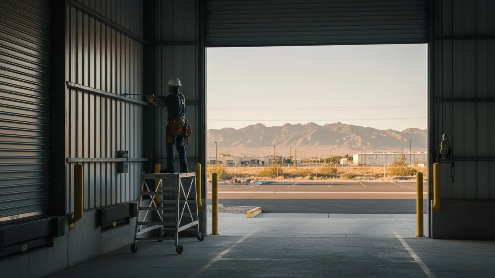 Technician on a rolling scaffold servicing a large steel roll-up door at a warehouse loading bay in an Arizona industrial park