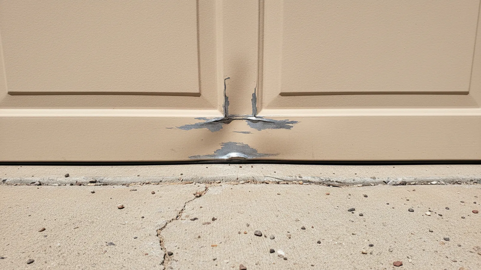 Close-up of the bottom section of a beige steel garage door with a dent and a crease where the paint has scuffed through to bare metal, above a cracked concrete driveway