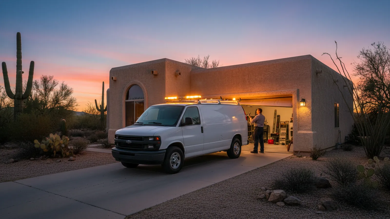 Service van with amber work lights in the driveway of a desert home at dusk, the garage door stuck halfway open and a technician inspecting the track