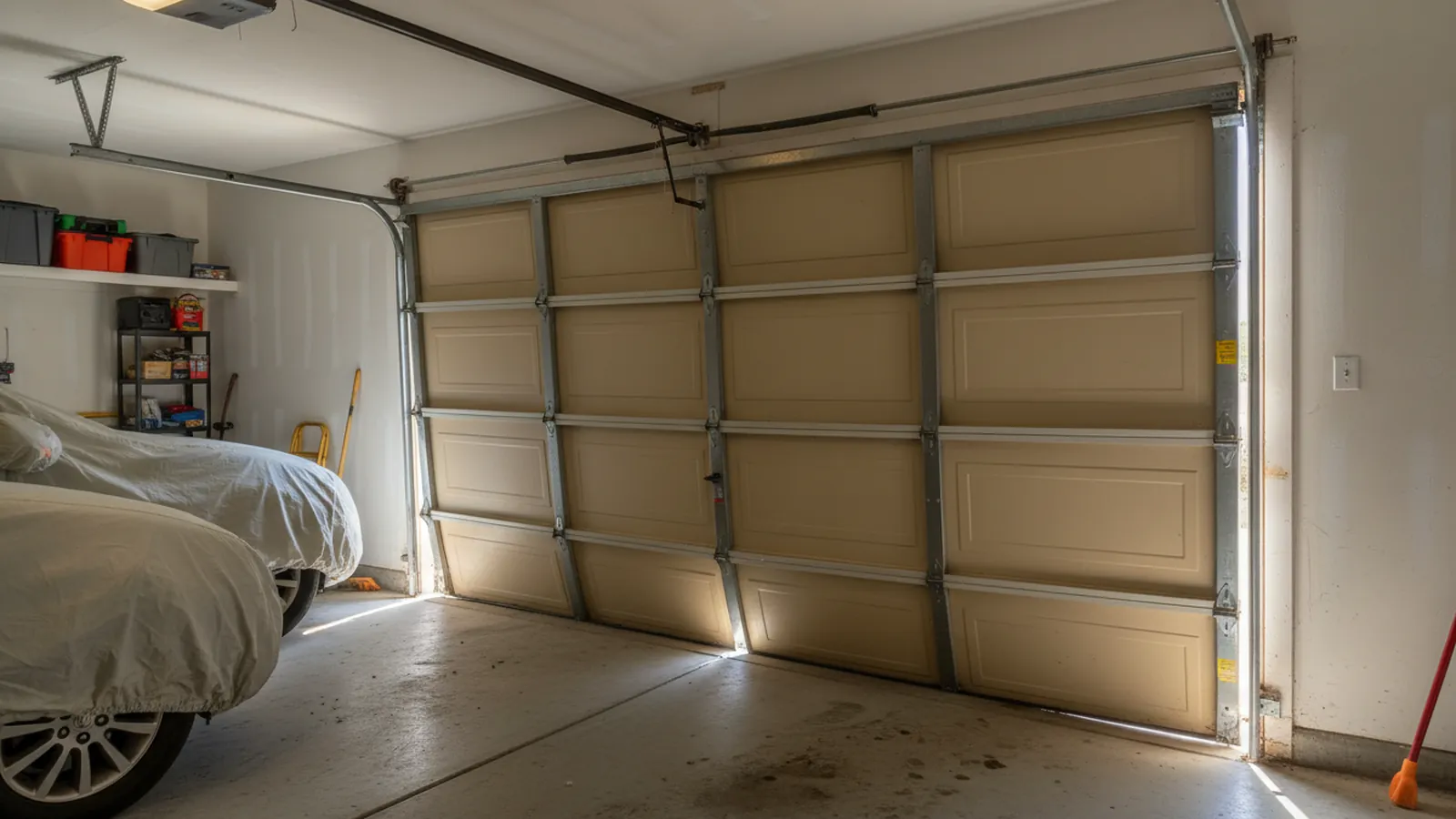 A sectional garage door jammed crooked in its opening with one roller out of the vertical track, seen from inside a bright Arizona garage