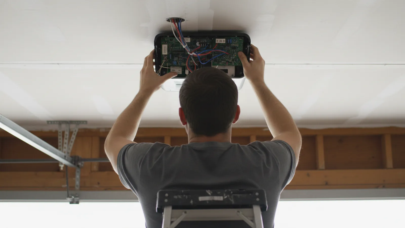 Technician with the cover off a ceiling-mounted garage door opener, replacing the circuit board while standing on a step ladder