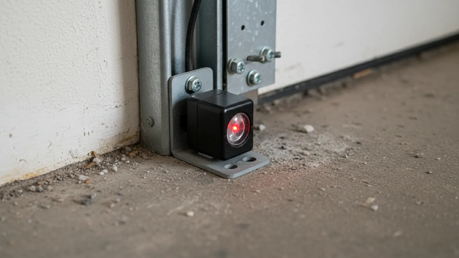 Garage door safety sensor on its bracket a few inches above a dusty concrete floor, indicator light glowing