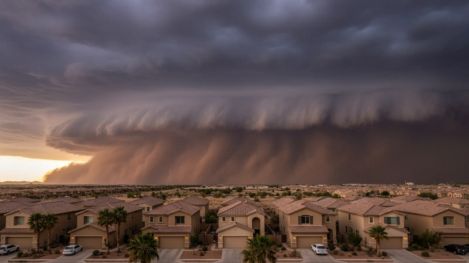 Towering monsoon storm clouds and a wall of dust rolling toward a West Valley subdivision of stucco homes with two-car garages
