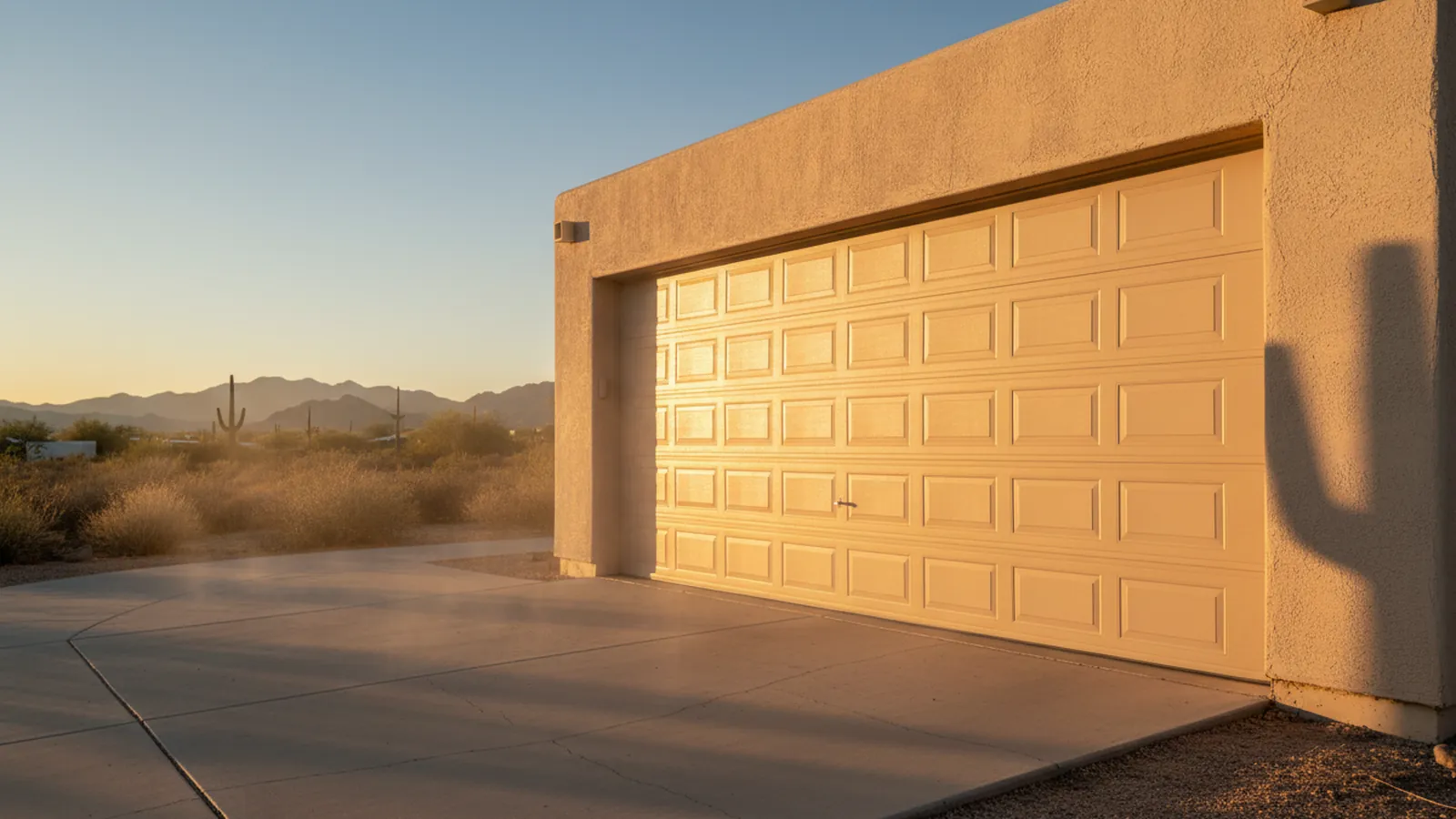 A west-facing garage door glaring in harsh afternoon sun, heat shimmer rising from the driveway of a desert home