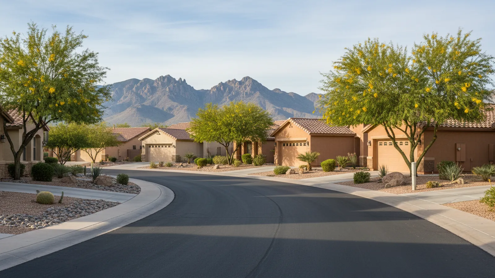 A curving subdivision street in Surprise, Arizona, lined with tan and terracotta stucco homes, each with a two-car garage and desert landscaping