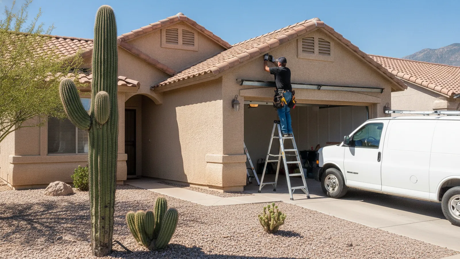 Garage door technician on a ladder fitting a new torsion spring above a two-car garage of a tan stucco single-story home in Surprise, Arizona, with gravel desert landscaping and a saguaro in the front yard